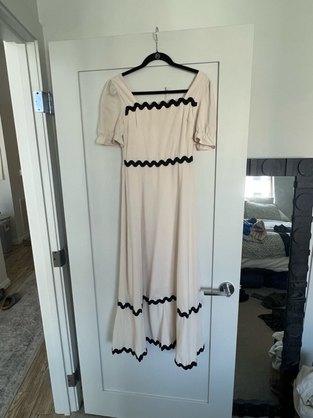 Cream Midi Dress with Black Wave Trim